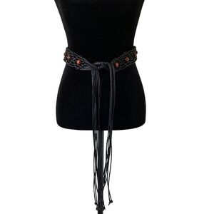 Womens Elegant Black Braided Belt‎ Brown Beaded Accents Size Small Hippie Boho